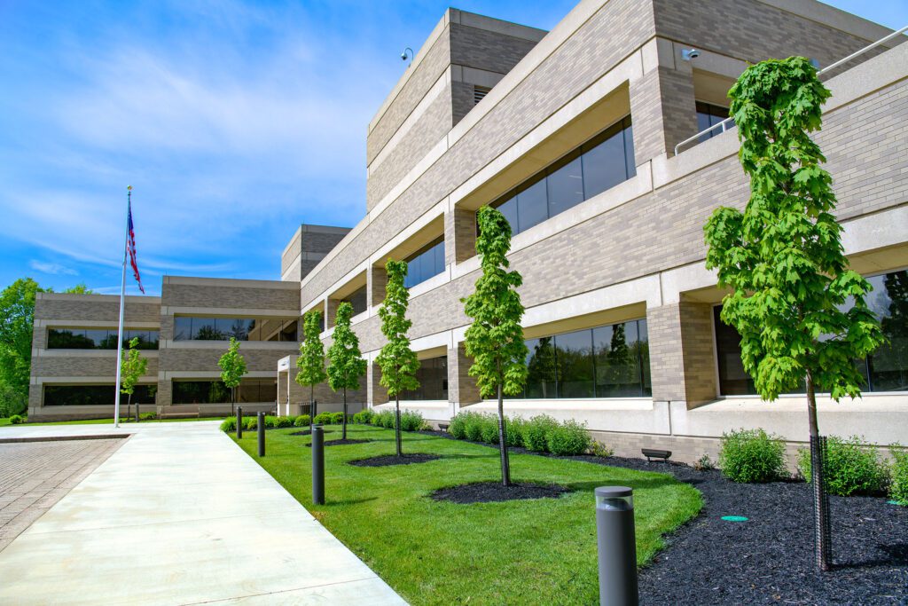 Commercial landscaping and tree care outside of a hospital